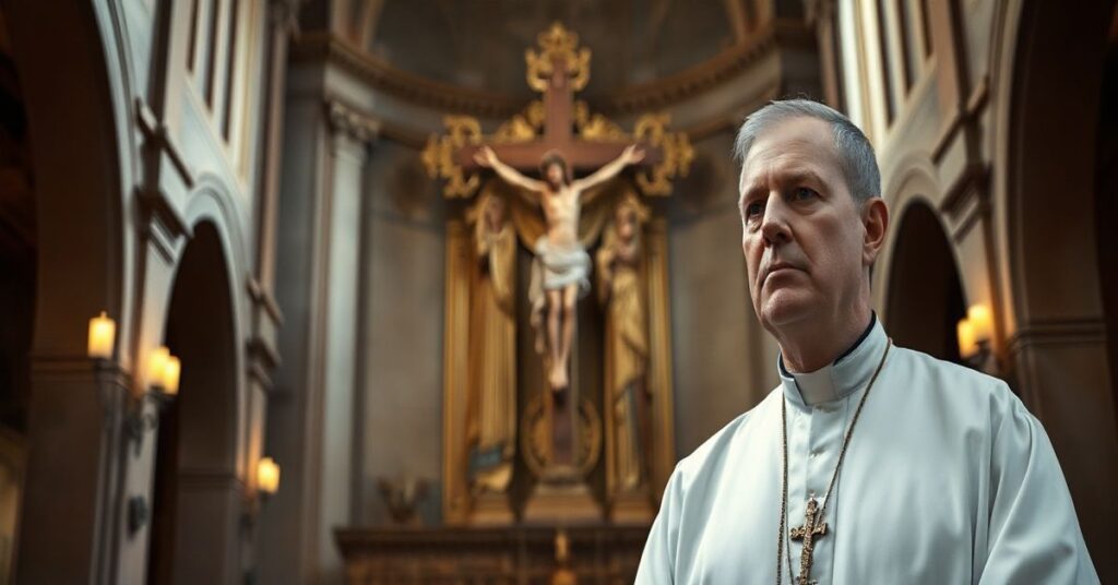 Religijny kapłan w eucharystycznym otoczeniu, symbolizujący wierność katolickim wartościom wobec zagrożeń nowoczesnej cywilizacji