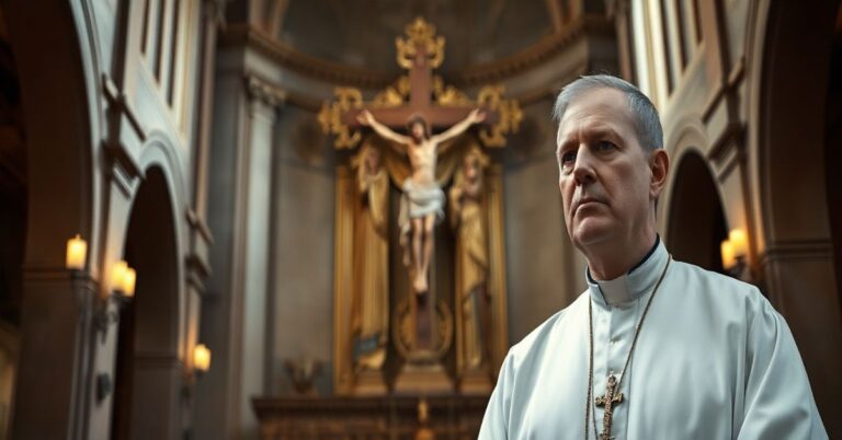Religijny kapłan w eucharystycznym otoczeniu, symbolizujący wierność katolickim wartościom wobec zagrożeń nowoczesnej cywilizacji