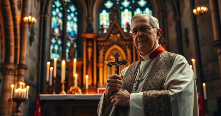 Kapłan katolicki w tradycyjnych szatach z krzyżem, w sakralnym otoczeniu starego ołtarza, symbolizujący wierność i duchową głębię.