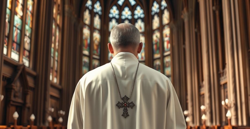 Kapłan katolicki w sanktuarium, wyraz powagi i krytyki wobec nowoczesnych poglądów moralnych, refleksja nad prawem Bożym