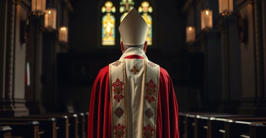 Kapłan katolicki w liturgicznym szatowaniu w ciemnej, poważnej atmosferze kościelnej przestrzeni, refleksja nad sprawiedliwością i Bożym miłosierdziem