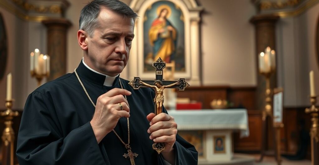 Kapłan katolicki w czarnej sutannie z krzyżem, w kościele, symbol wiary i moralności, refleksja nad duchowym autorytetem