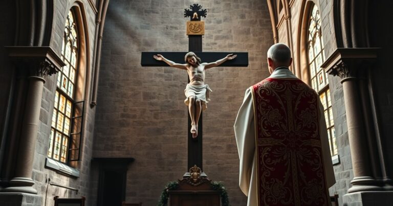 Kapłan katolicki w tradycyjnych szatach przed krucyfiksem w kościele, symbolizujący moralną ocenę konfliktu Izraela i Palestyny