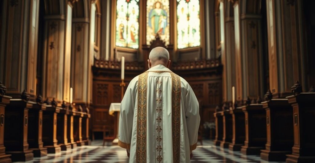 Kapłan w tradycyjnych szatach stojący przed ołtarzem w kościele, symbolizujący duchową refleksję nad zagrożeniami technologicznymi i apostazją od Królestwa Chrystusa