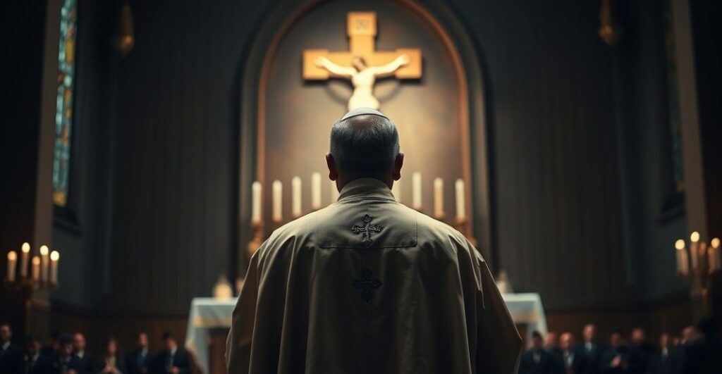 Kapłan katolicki w liturgicznej szacie podczas nabożeństwa, przed krucyfiksem, z głębokim skupieniem i szacunkiem dla tradycyjnej wiary katolickiej