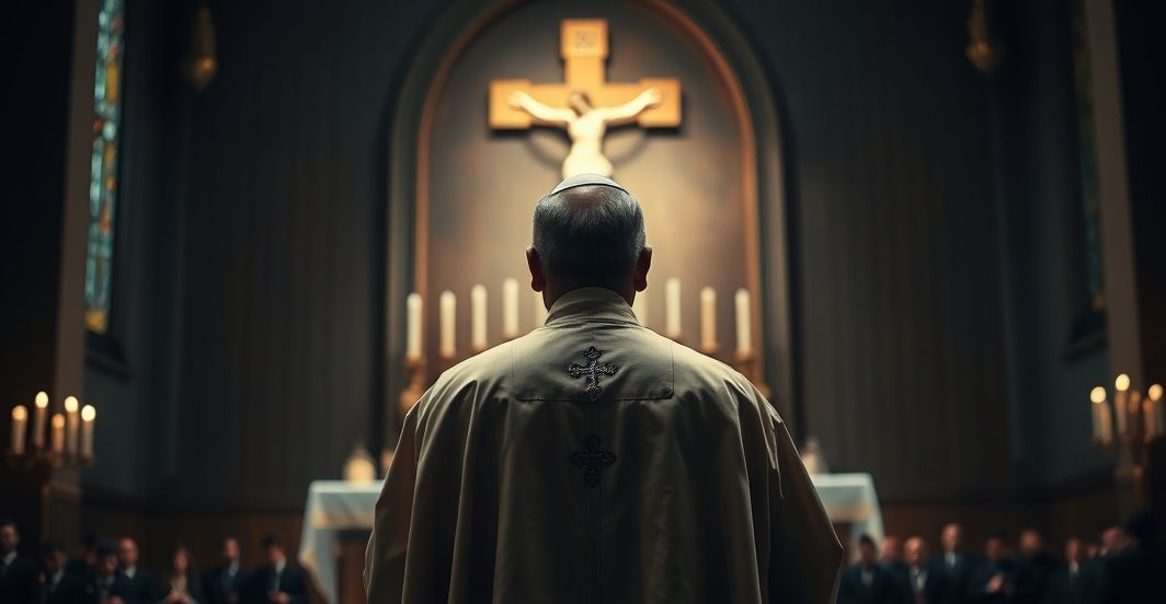 Catholic Priest in Traditional Liturgical Setting Reflecting Christ the King Kapłan katolicki w liturgicznej szacie podczas nabożeństwa, przed krucyfiksem, z głębokim skupieniem i szacunkiem dla tradycyjnej wiary katolickiej