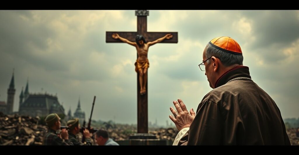 Kapłan modlący się przed krzyżem w kontekście wojny na Ukrainie i Rosji, ukazujący duchową pustkę bez Królestwa Chrystusa