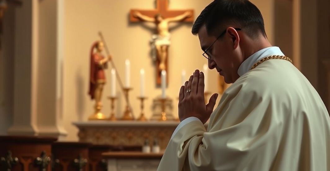 Kapłan modlący się w kościele – duchowa krytyka decyzji politycznych Kapłan modlący się w kościele, symbolizujący duchowy kryzys i konieczność powrotu do Boga w obliczu decyzji politycznych ignorujących moralność.