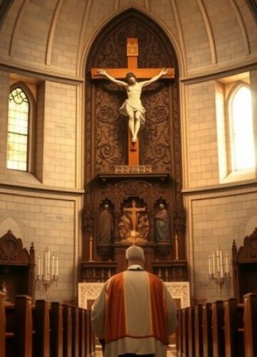 Kapłan modlący się przed krucyfiksem w tradycyjnym kościele Kościół katolicki z kapłanem modlącym się przed krzyżem, w tradycyjnych szatach, w spokojnej, pełnej wiary atmosferze.