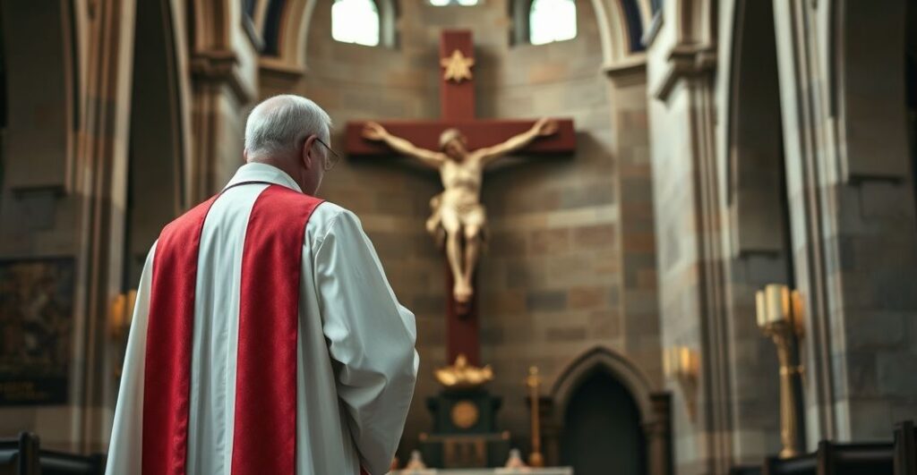 Kapłan katolicki w sutannie, rozważający przed krucyfiksem w kościele, symbolizujący potrzebę prawdziwej wiary katolickiej i sprzeciw wobec ekumenizmu bez konwersji