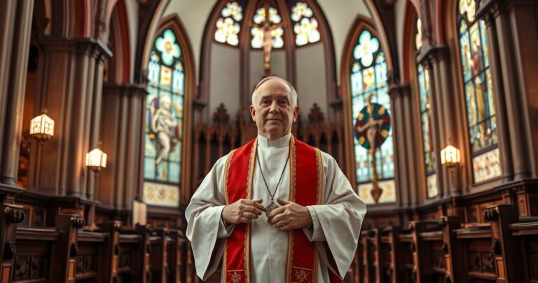 Realistyczne zdjęcie kapłana w tradycyjnych szatach katolickich w sanktuarium, symbolizujące duchową głębię i wierność Bożemu prawu