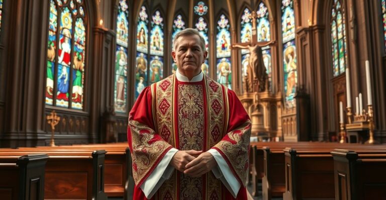 Kapłan w tradycyjnej szacie, stojący w kościele, wyraz powagi i oceny wobec duchowych błędów współczesnych, z naciskiem na tradycję katolicką i naukę Kościoła