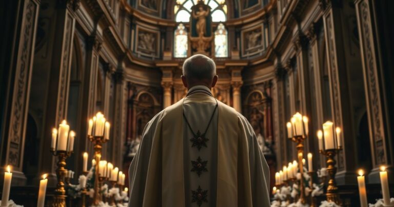 Szczegółowe zdjęcie katolickiego kapłana w tradycyjnym ornacie podczas mszy w Santa Maria Maggiore, z symbolami czystości i wiary, w spokojnej i sakralnej atmosferze.