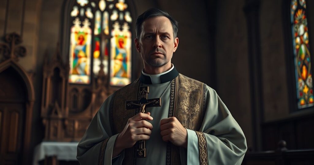 Kapłan katolicki w tradycyjnych szatach trzymający krzyż, w poważnym nastroju, w starym kościele, symbolizujący obronę wiary przed nowoczesną apostazją