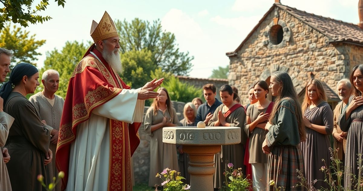 Catholic priest blessing community - tradycyjne nabożeństwo Kapłan błogosławiący lokalną społeczność na tle kościoła, ukazując duchowe znaczenie sakramentów i tradycyjnej wiary katolickiej.