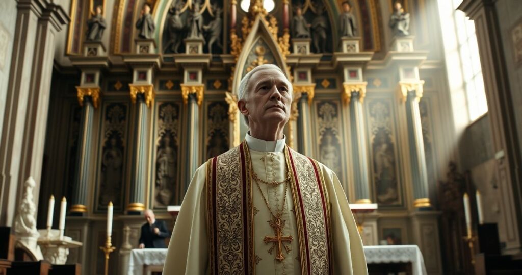 Kapłan katolicki w liturgicznym stroju przed ołtarzem, symbolizujący powagę moralną i teologiczną w kontekście kryzysu Kościoła, refleksja nad sprawiedliwością i prawdą