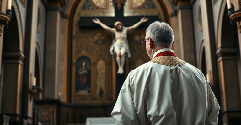 Kapłan katolicki w stroju liturgicznym przed krzyżem, refleksja nad Bożym panowaniem w obliczu politycznego chaosu