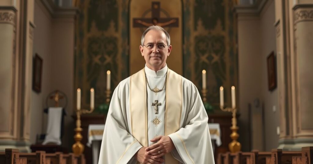 Kapłan katolicki w liturgii, w tradycyjnym ornacie, w świątyni, symbol oddania Bogu i wiernym, bez symboli politycznych czy surrealistycznych elementów