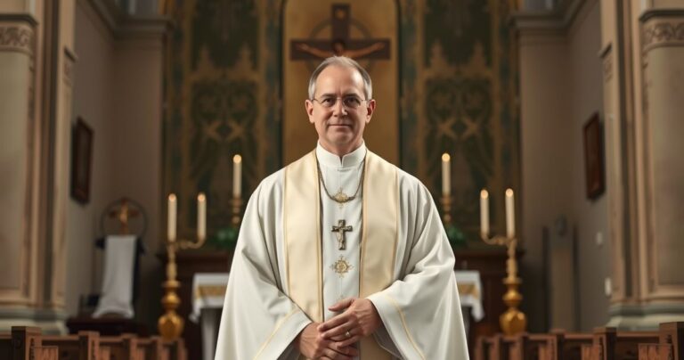 Kapłan katolicki w liturgii, w tradycyjnym ornacie, w świątyni, symbol oddania Bogu i wiernym, bez symboli politycznych czy surrealistycznych elementów
