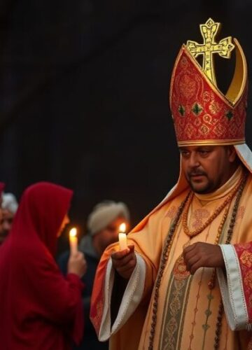 Duchowe odrodzenie w afrykańskiej ziemi: kapłan modlący się w obliczu kryzysu Katolicki kapłan modlący się w afrykańskim krajobrazie, symbolizujący duchowe odrodzenie i nadzieję w obliczu kryzysu w Sudanie