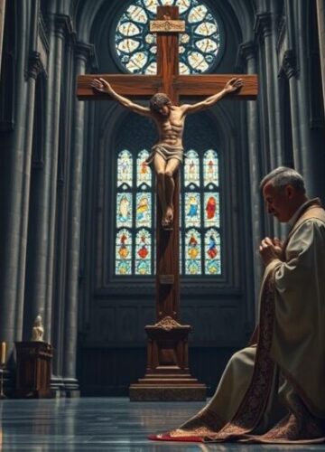 Kapłan modlący się przed krucyfiksem w sakralnym wnętrzu kościoła Kapłan modlący się przed krucyfiksem w sakralnym wnętrzu kościoła, symbolicznie wyrażający wierność tradycji katolickiej i krytykę modernistycznej zdrady w Kościele