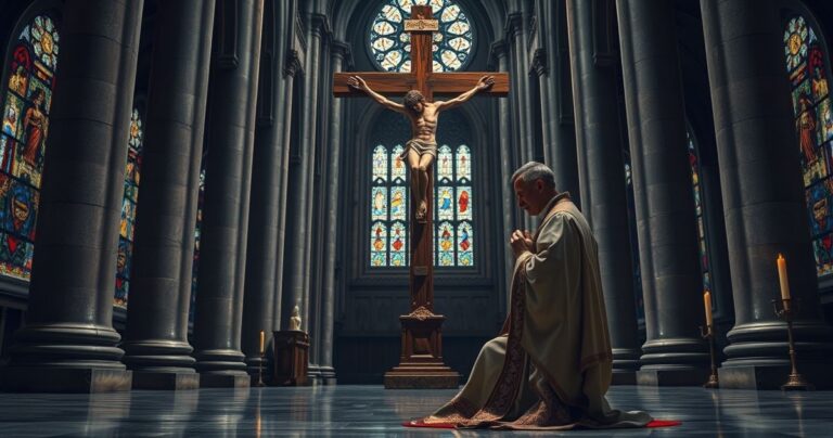 Kapłan modlący się przed krucyfiksem w sakralnym wnętrzu kościoła, symbolicznie wyrażający wierność tradycji katolickiej i krytykę modernistycznej zdrady w Kościele