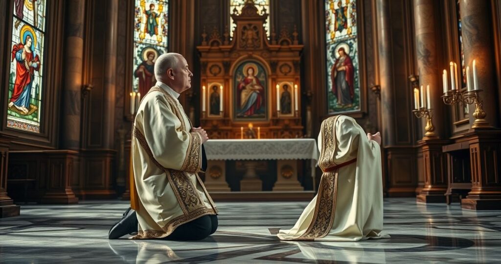 Kapłan katolicki modlący się w sanktuarium, symbolizujący wierność katolickim wartościom i moralnej prawdzie wobec nowoczesnych zagrożeń