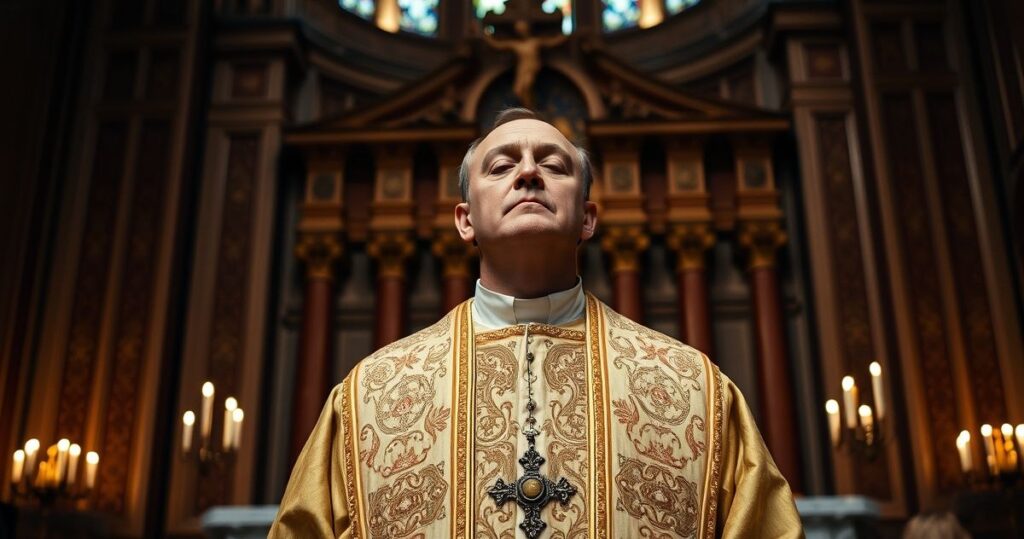 Kapłan katolicki w tradycyjnym ornacie modli się przed ołtarzem, symbolizując walkę o prawdę moralną i sprzeciw wobec aborcyjnej herezji.