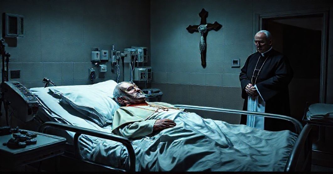 Stary człowiek w szpitalu w stroju duchownym bez prawdziwych insygniów kardynalskich. Przy nim kapłan w tradycyjnym sutannie w ciemnej pokoju z krzyżem na ścianie.