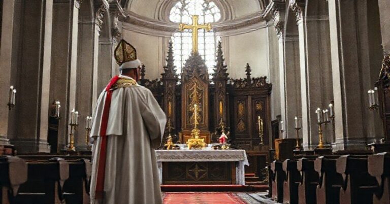Wnętrze kościoła katolickiego z tradycyjnym ołtarzem i modernistycznym biskupem Grzegorzem Rysiem w szatach liturgicznych, symbolizujące degradację Kościoła.