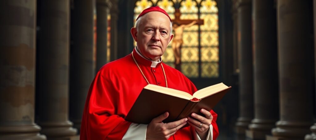 Portret poważnego kardynała w tradycyjnych czerwonych szatach trzymającego otwartą Biblię w katedrze z witrażami