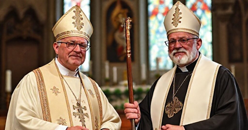 Kardynał Gerhard Müller i biskup Robert Barron w tradycyjnym kościele z symbolami katolickiej wiary