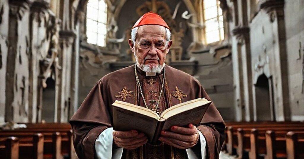 Kardynał Gerhard Müller w tradycyjnym stroju liturgicznym przed współczesnym kościołem symbolizującym infiltrację modernistyczną.