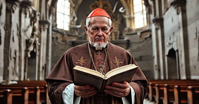 Kardynał Gerhard Müller w tradycyjnym stroju liturgicznym przed współczesnym kościołem symbolizującym infiltrację modernistyczną.