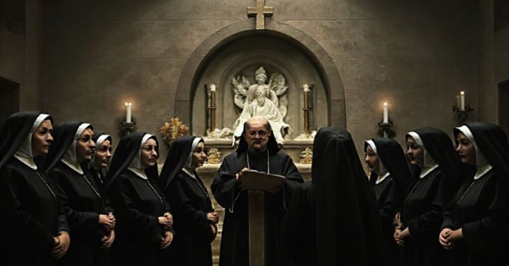 Grupa zakonnic w czarnych habitach stoi przed grobowcem fałszywego świętego, podczas gdy Kardynał Müller wygłasza kazanie. Scena jest ponura i niepokojąca.