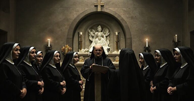 Grupa zakonnic w czarnych habitach stoi przed grobowcem fałszywego świętego, podczas gdy Kardynał Müller wygłasza kazanie. Scena jest ponura i niepokojąca.