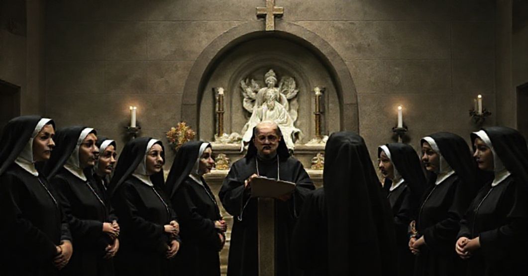 Grupa zakonnic w czarnych habitach stoi przed grobowcem fałszywego świętego, podczas gdy Kardynał Müller wygłasza kazanie. Scena jest ponura i niepokojąca.