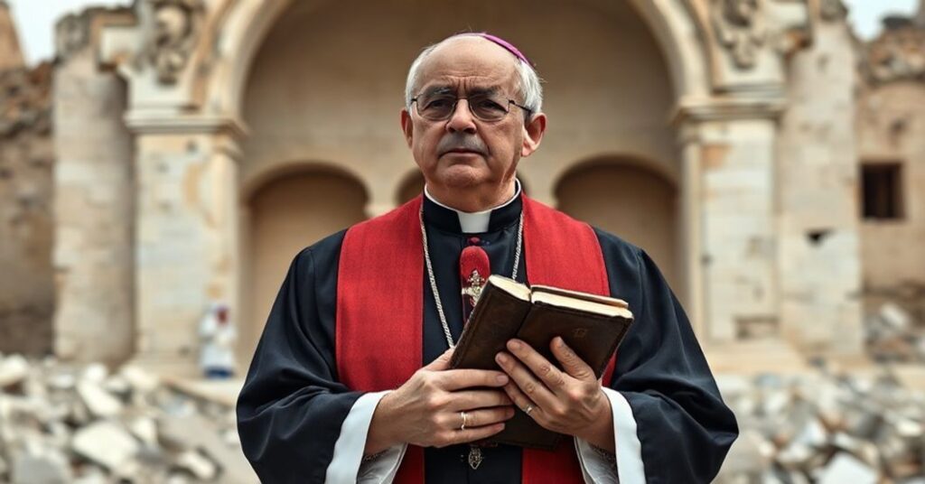Katolicki biskup w tradycyjnych szatach stoi przed zrujnowanym kościołem z Biblią w ręku.