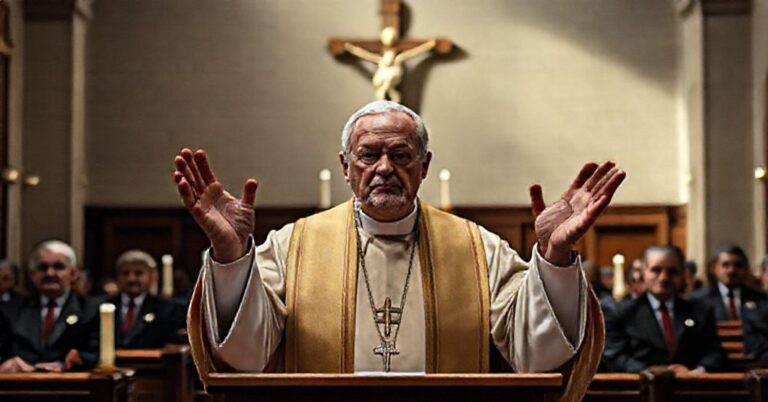 Scena tradycyjnej mszy świętej z klerykiem w strychu kościoła gammowego w czasie przemówienia na temat misji pokoju