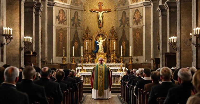 Uroczysty katolicki nabożeństwo w kościele św. Andrzeja della Valle w Rzymie z naciskiem na cierpienie Ukraińców pod kątem tradycji katolickiej.