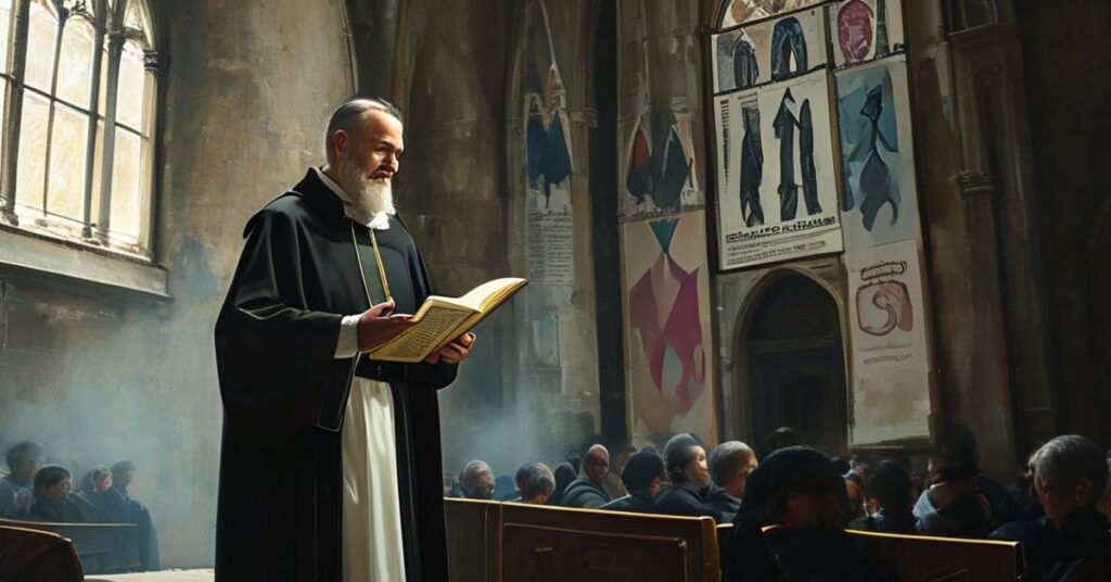 Tradycyjny katolicki ksiądz w godnych szatach stoi przed historyczną katedralą w Belgii, mówiąc do nielicznej grupy słuchaczy. Na twarzy ma poważny wyraz twarzy, trzymając starą edycję Missalu z 1917 roku. Za nim wiszą banery z wątpliwymi teologicznie hasłami na tle ruin gotyckiej architektury. Kontrast między dawną wiarą a nowoczesnym apostazją jest oczywisty.