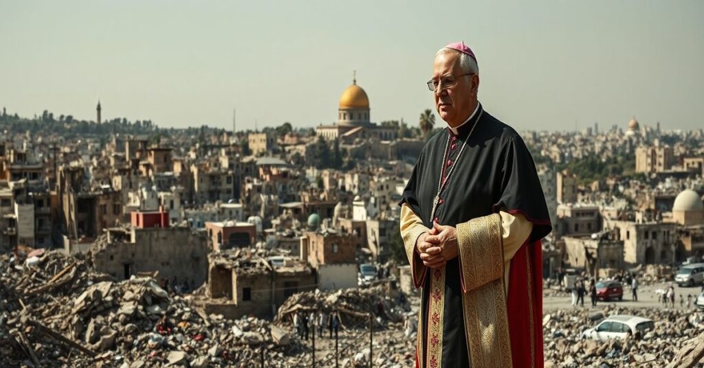Kardynał Pierbattista Pizzaballa mówi przed zebraniem liderów świeckich na tle zniszczonej Gazy, bez widocznej obecności Chrystusa jako Króla.