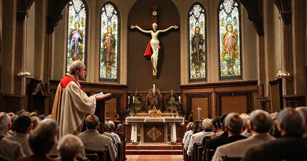 Wnętrze tradycyjnego kościoła z homilią kardynała Pierbattisty Pizzaballi OFM, przedstawiające modernistyczne zniekształcenie męczeństwa