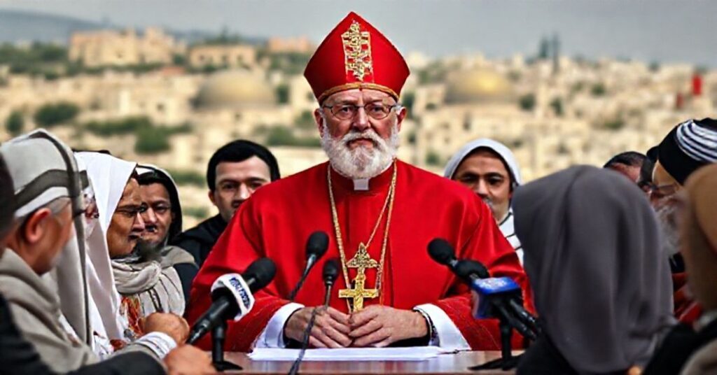 Portret "kardynała" Pierbattisty Pizzaballi przed tłem Ziemi Świętej