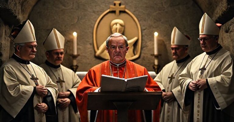 Poważna i skromna scena przy grobie "Jana Pawła II" w Watykanie podczas Mszy świętej z "kardynałem" Grzegorzem Rysiem i fałszywymi biskupami.