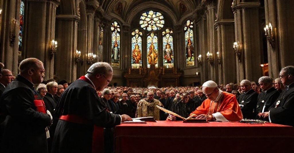 Ceremonia podpisania Karty Ekumenicznej przez kard. Grzegorza Rysa w katedrze z protestanckimi przywódcami w tle.