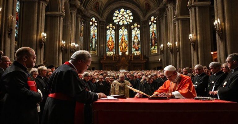 Ceremonia podpisania Karty Ekumenicznej przez kard. Grzegorza Rysa w katedrze z protestanckimi przywódcami w tle.