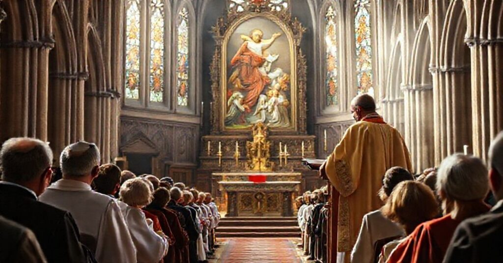 Realistyczne zdjęcie homilii "kardynała" Grzegorza Rysia w katedrze wawelskiej, przedstawiające konflikt między modernistami a tradycyjnymi katolikami.