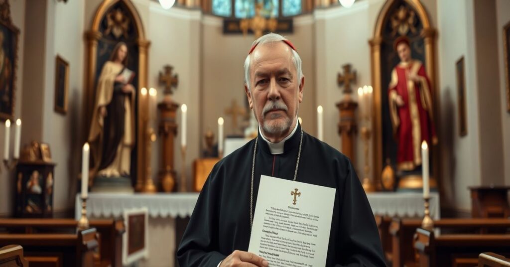 Kardynał Sarah w tradycyjnym kościele katolickim z relikwiami świętych na tle apeli o zjednoczenie z sekta posoborową