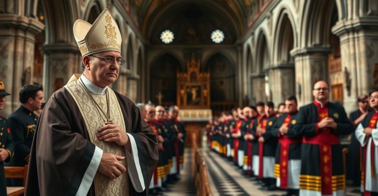 Kardynał w liturgicznych szatach w katedrze, krytyka nowoczesnych pseudo-liturgii i braku Chrystusowego panowania
